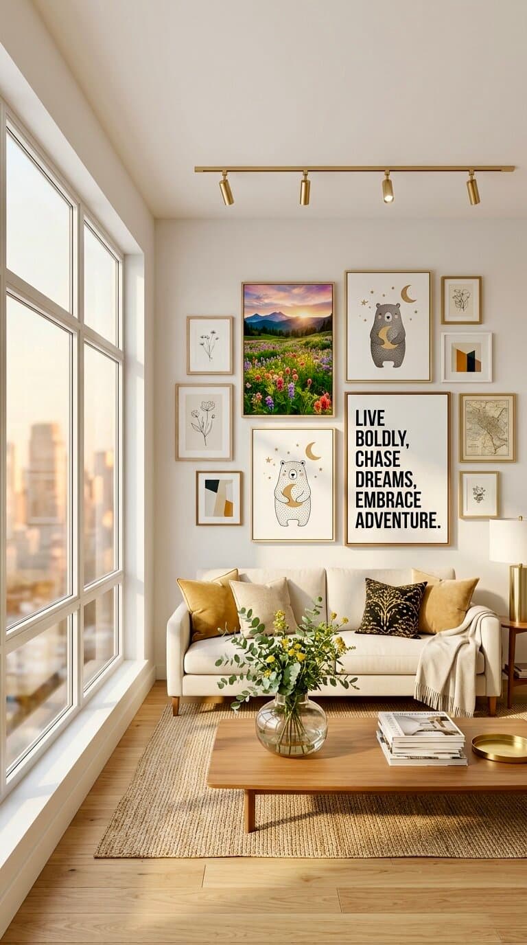 Curated wall art prints displayed in a beautifully styled living room