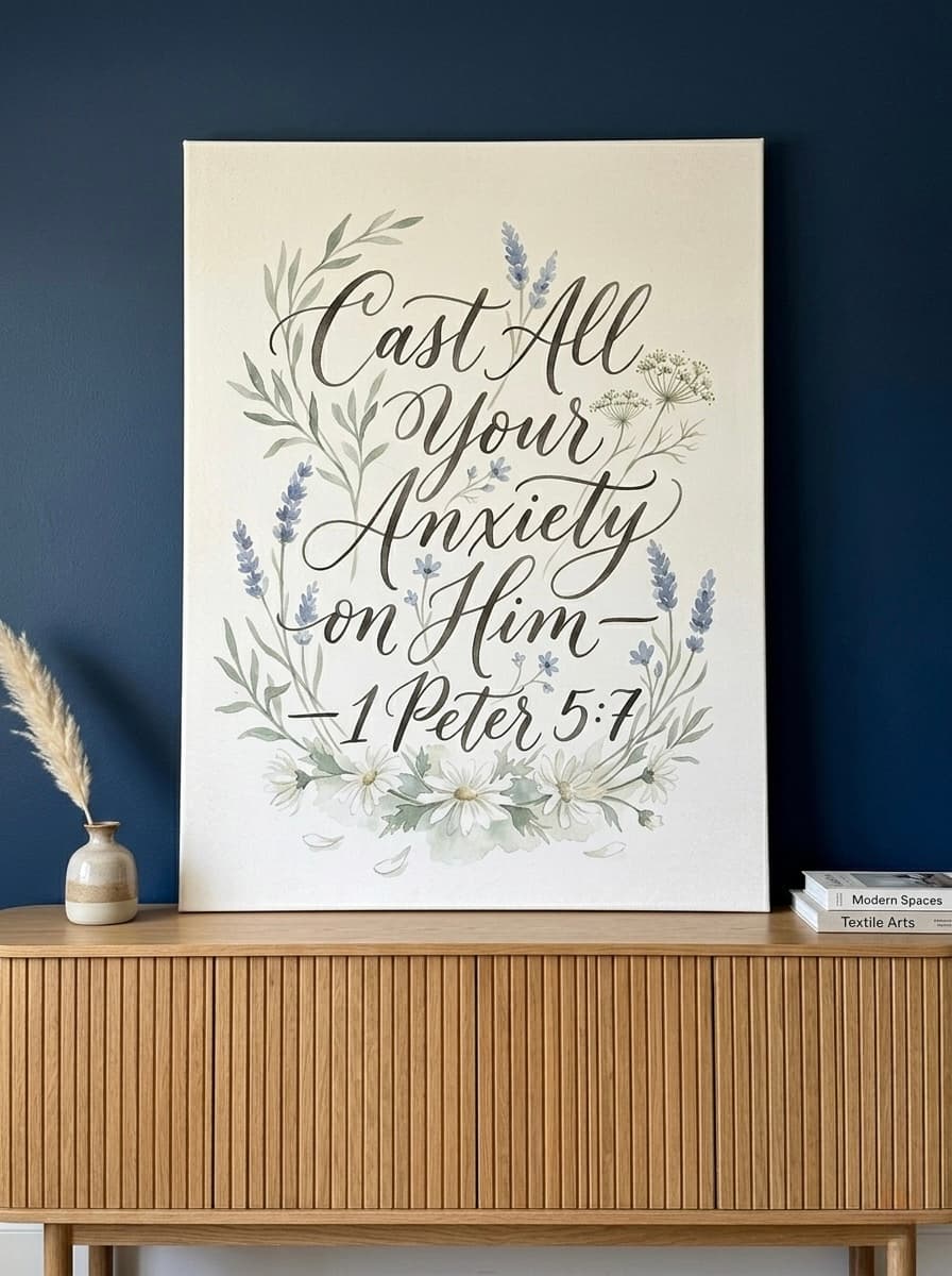 1 Peter 5:7 Canvas Wall Art | Botanical Calligraphy Christian Framed Print | Bedroom Decor