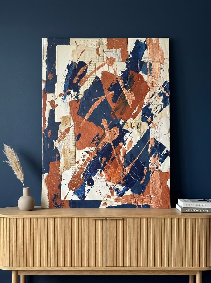 Abstract Collage Canvas Wall Art | Navy Terracotta Mixed Media Framed Print | Living Room Home Decor
