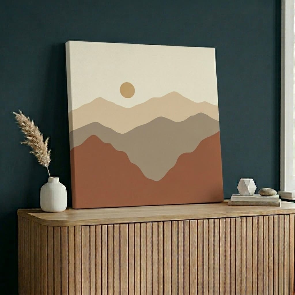 Abstract Mountain Sunset Canvas Wall Art | Minimalist Terracotta Framed Print | Living Room Home Decor