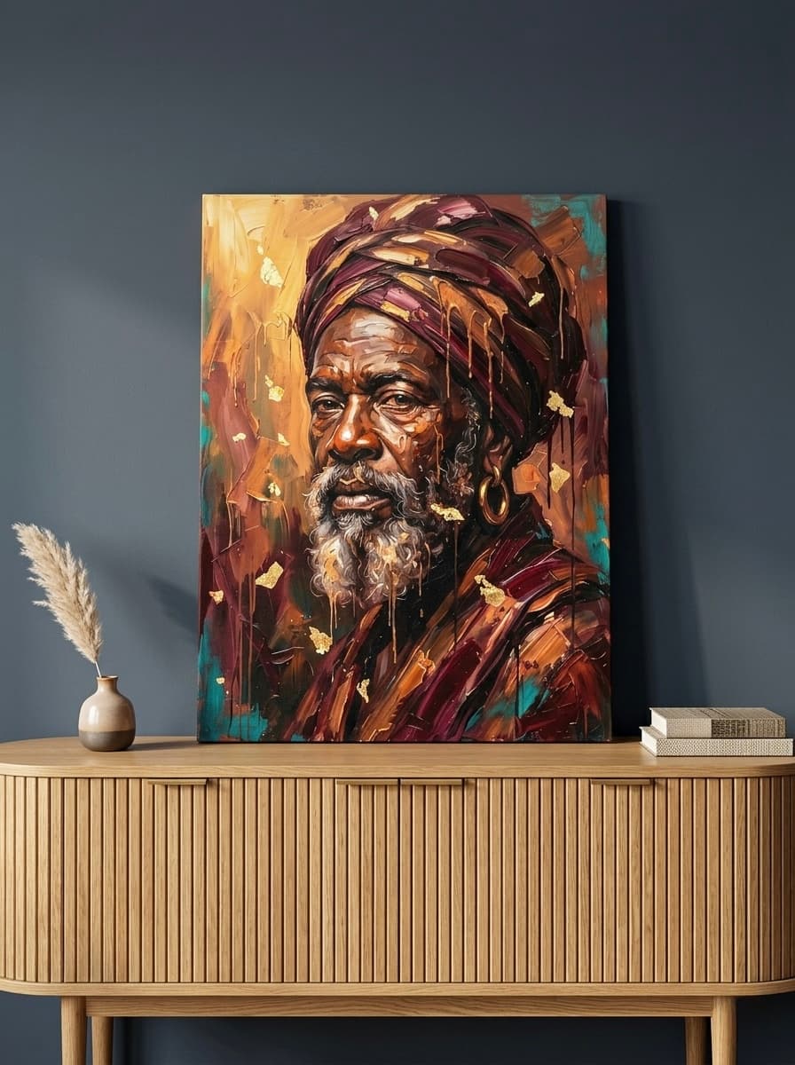 African Elder Portrait Canvas Wall Art | Expressionist Oil Painting Print | Cultural Heritage Decor | Burgundy Gold Art