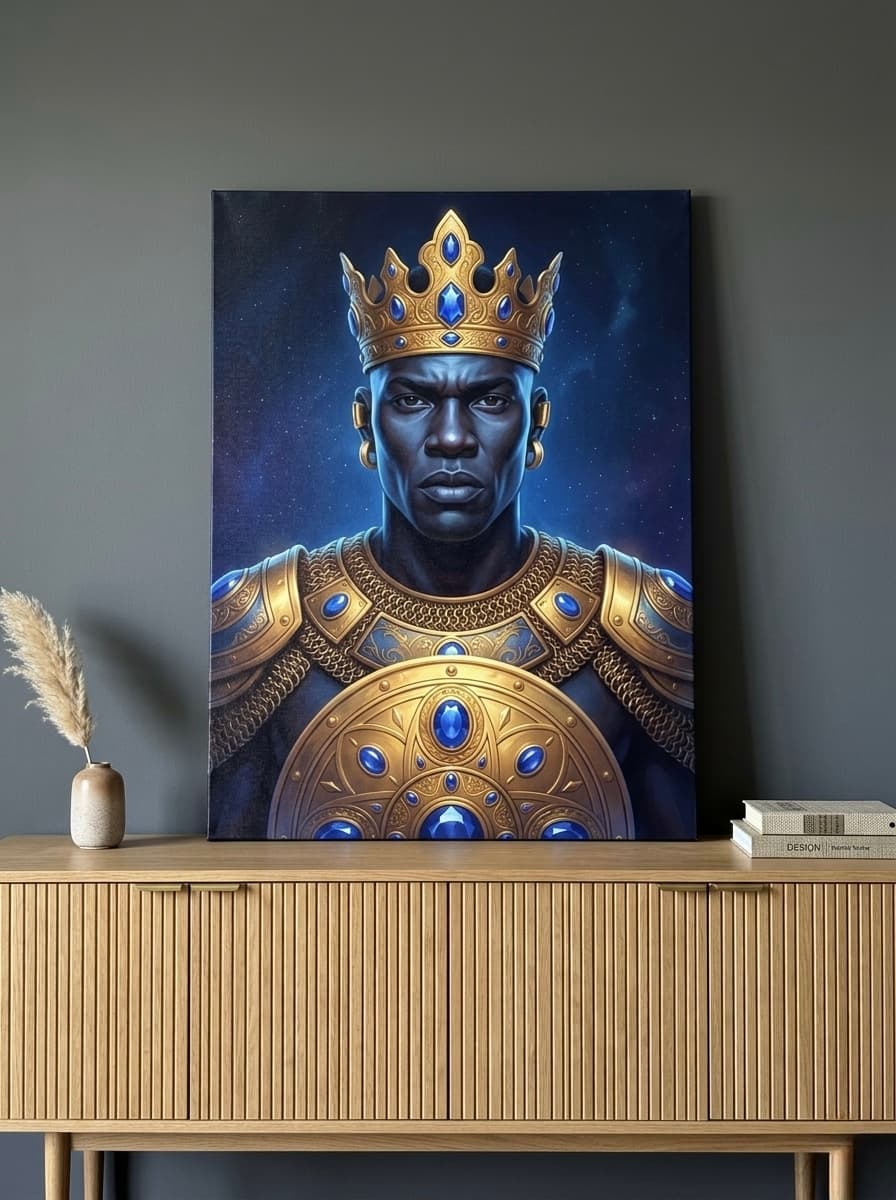 African Warrior King Canvas Wall Art | Gold Armor Portrait Print | Living Room Cultural Decor | Afrohemian Statement Art