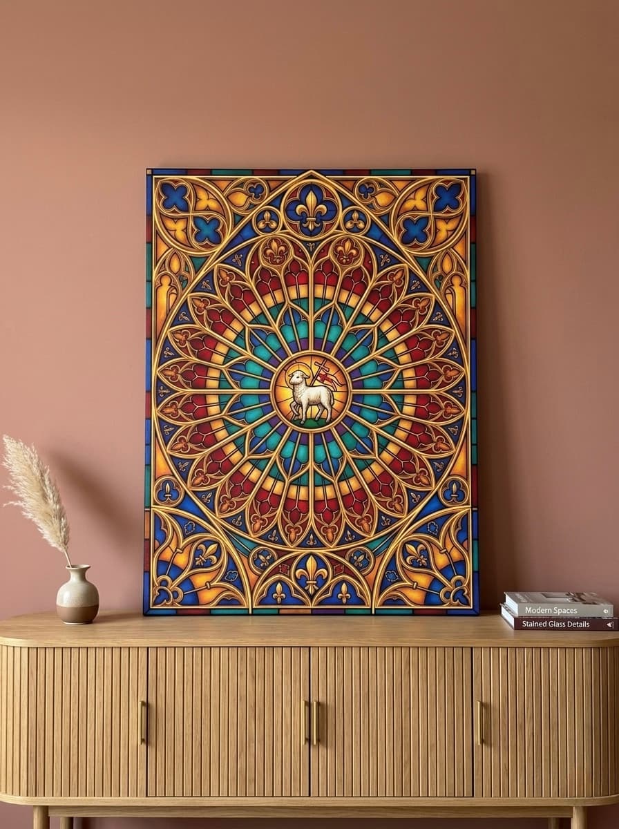 Agnus Dei Stained Glass Canvas Wall Art | Gothic Rose Window Christian Framed Print | Decor