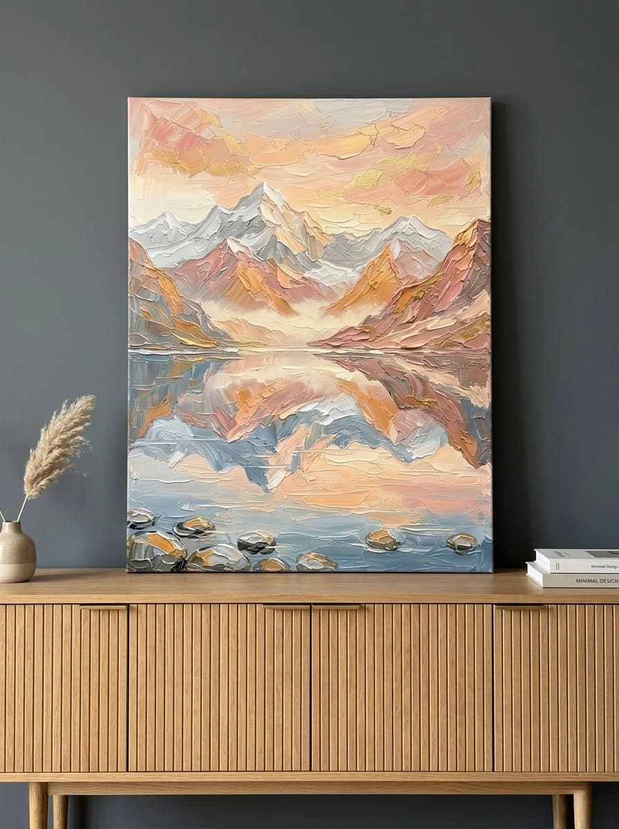 Alpine Mountain Canvas Wall Art | Impasto Reflection Peach Gold Print | Living Room Nature Decor