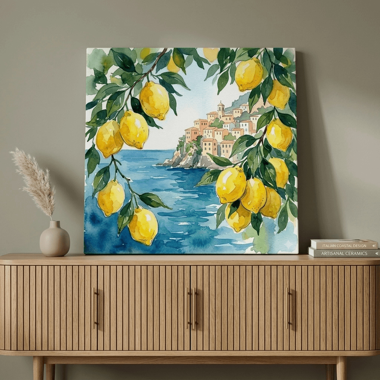 Amalfi Coast Lemon Canvas Wall Art | Italian Watercolor Framed Print | Kitchen & Mediterranean Decor