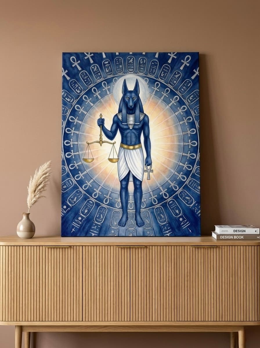 Anubis Egyptian God Canvas Wall Art | Mandala Mythology Print | Midnight Blue Silver Decor | Dark Academia Art