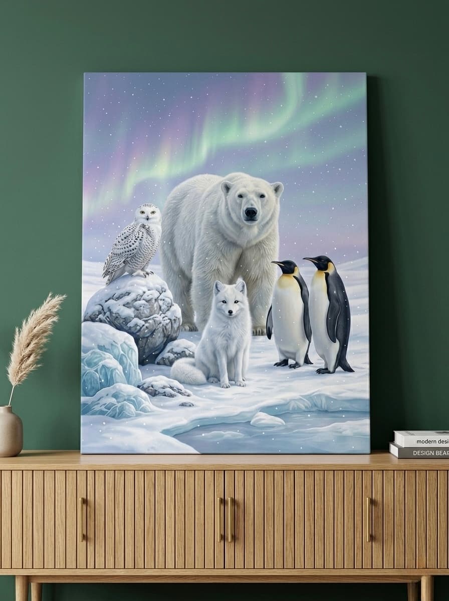 Arctic Animals Nursery Canvas Wall Art | Photorealistic Nature Kids Room Decor | Cool Blue Nature Print