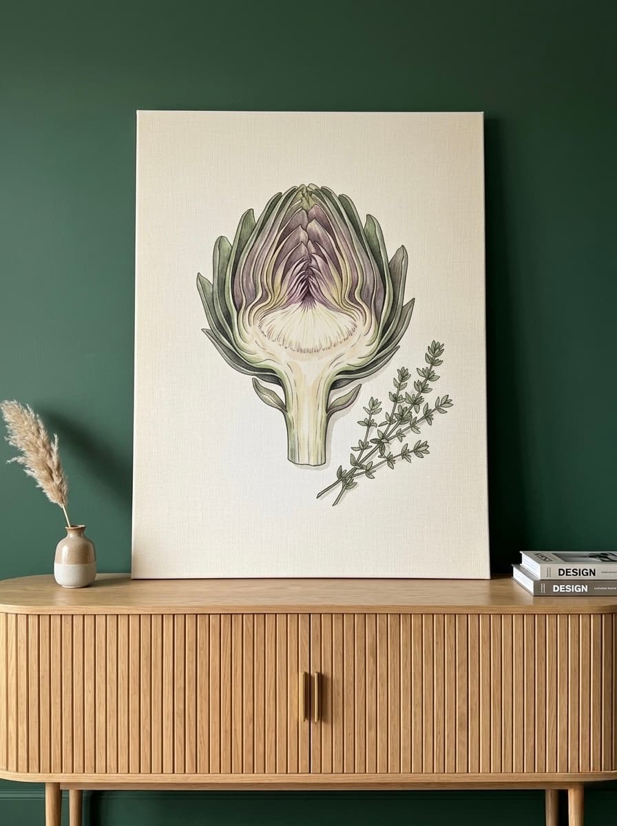 Artichoke Botanical Canvas Wall Art | Kitchen Vegetable Print | Modern Dining Room Framed Decor
