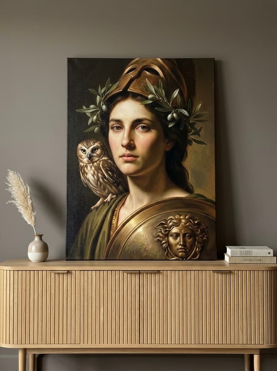 Athena Greek Goddess Canvas Wall Art | Renaissance Oil Painting Print | Owl Medusa Shield Decor | Classical Art
