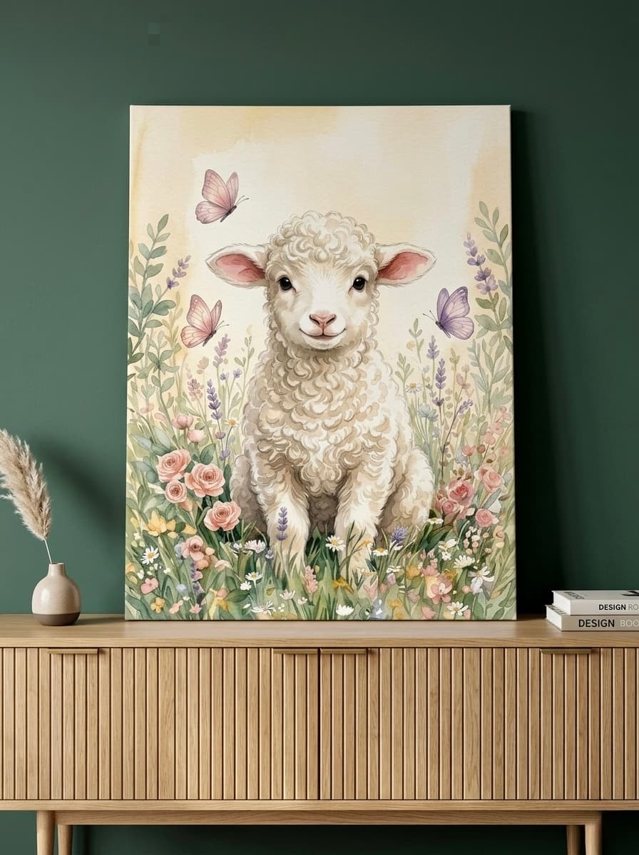 Baby Lamb Wildflower Watercolor Nursery Canvas Wall Art | Boho Farm Animal Kids Room Decor | Shower Gift