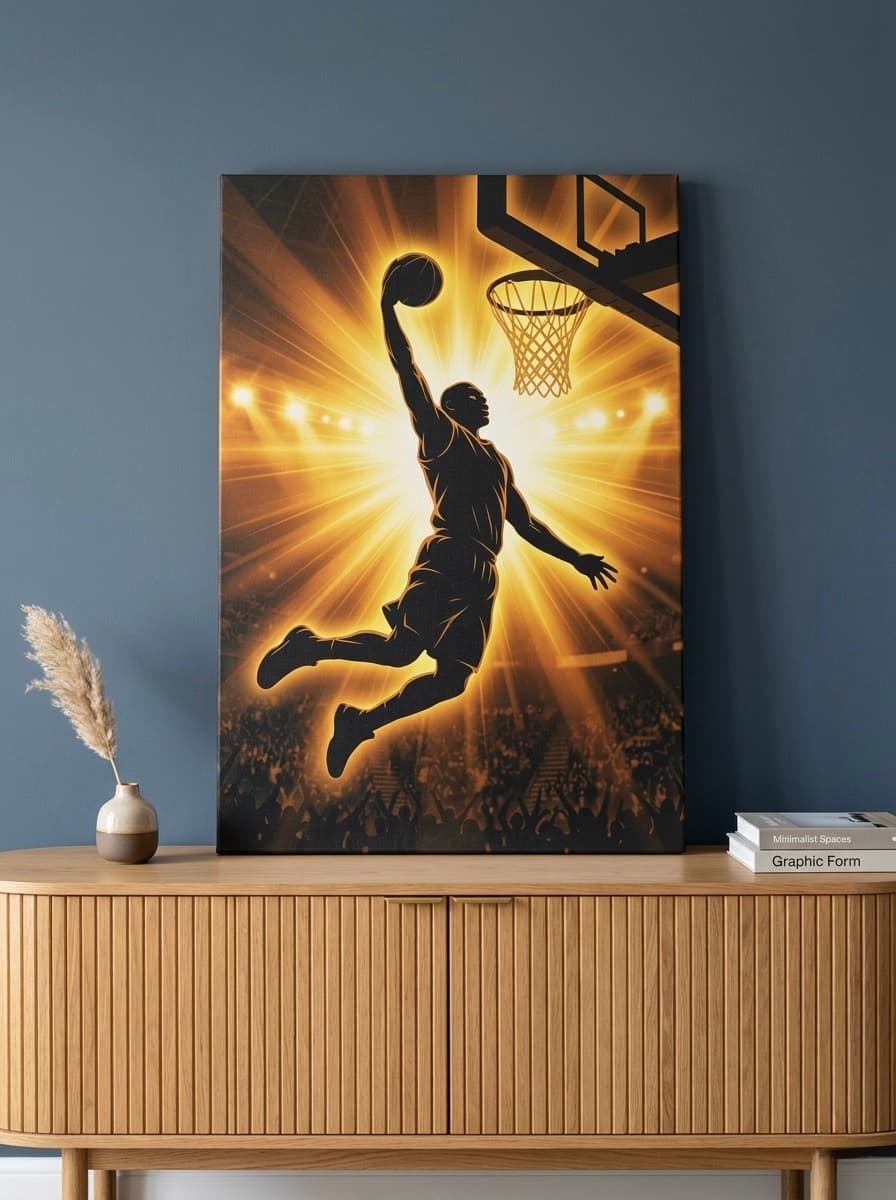 Basketball Slam Dunk Silhouette Canvas Wall Art | Sports Arena Framed Print | Game Room Home Decor