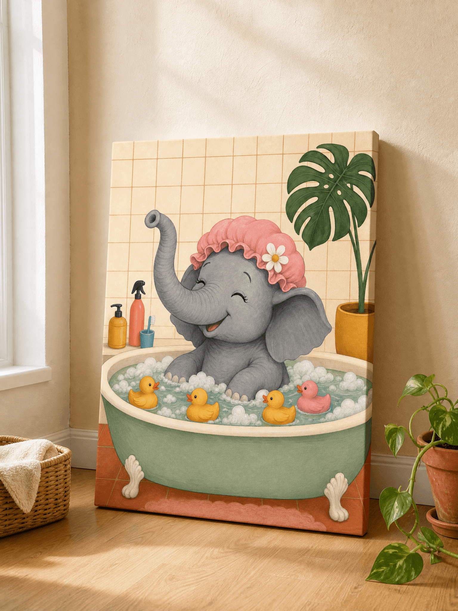 Bath Time Elephant Canvas Wall Art | Bathroom Nursery Print | Kids Bathroom Home Decor