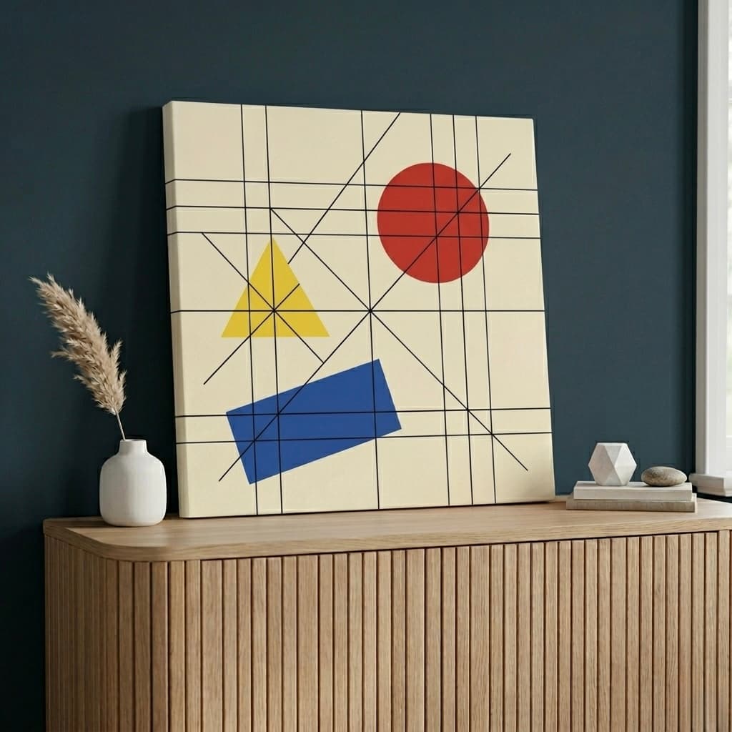 Bauhaus Geometric Shapes Canvas Wall Art | Primary Color Framed Print | Modern Home Decor