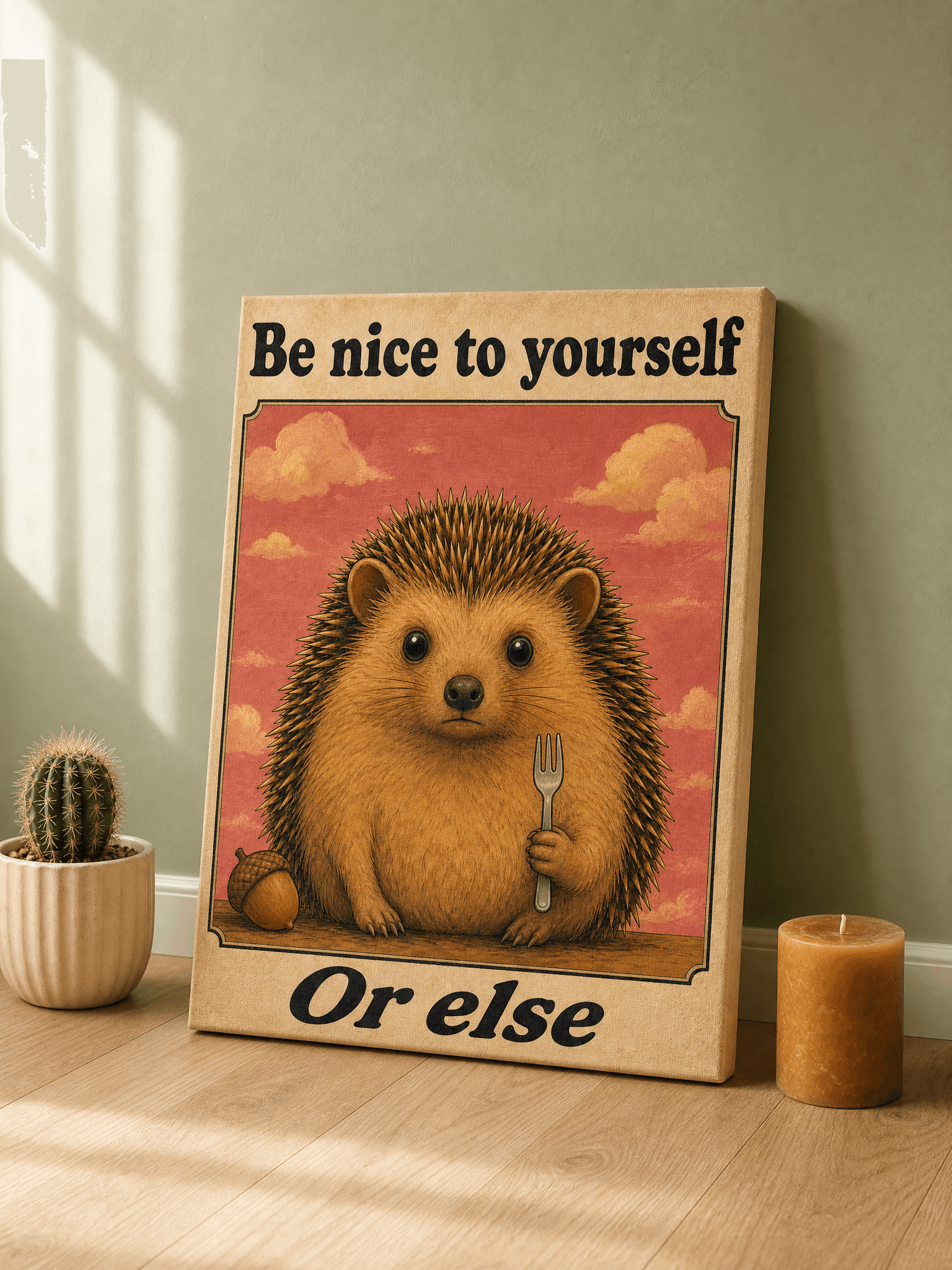 Be Nice To Yourself Hedgehog Canvas Wall Art | Funny Quote Print | Bedroom Home Decor