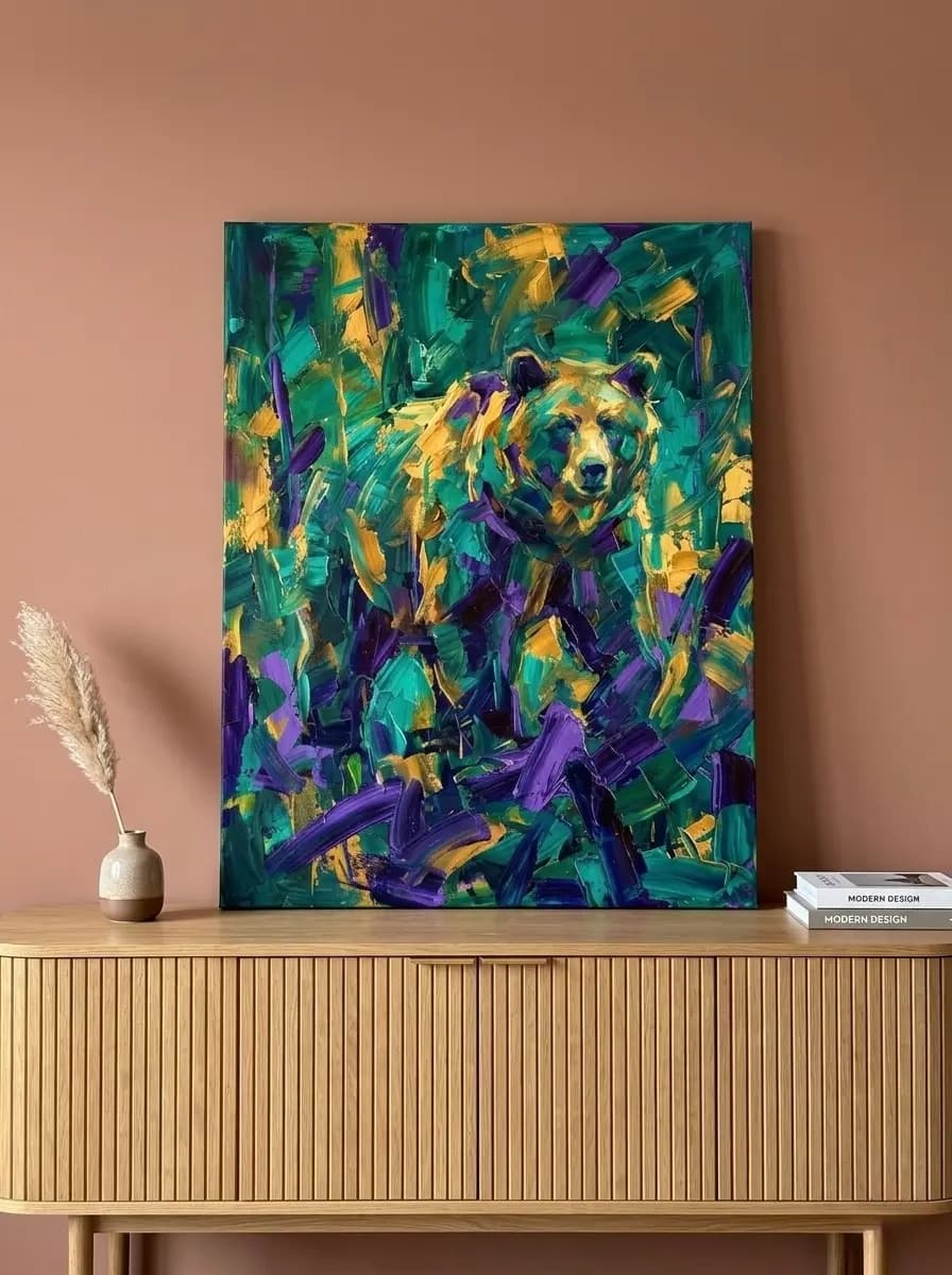 Bear Canvas Wall Art | Abstract Grizzly Bear Emerald Gold Painting | Framed Canvas Print, Ready to Hang