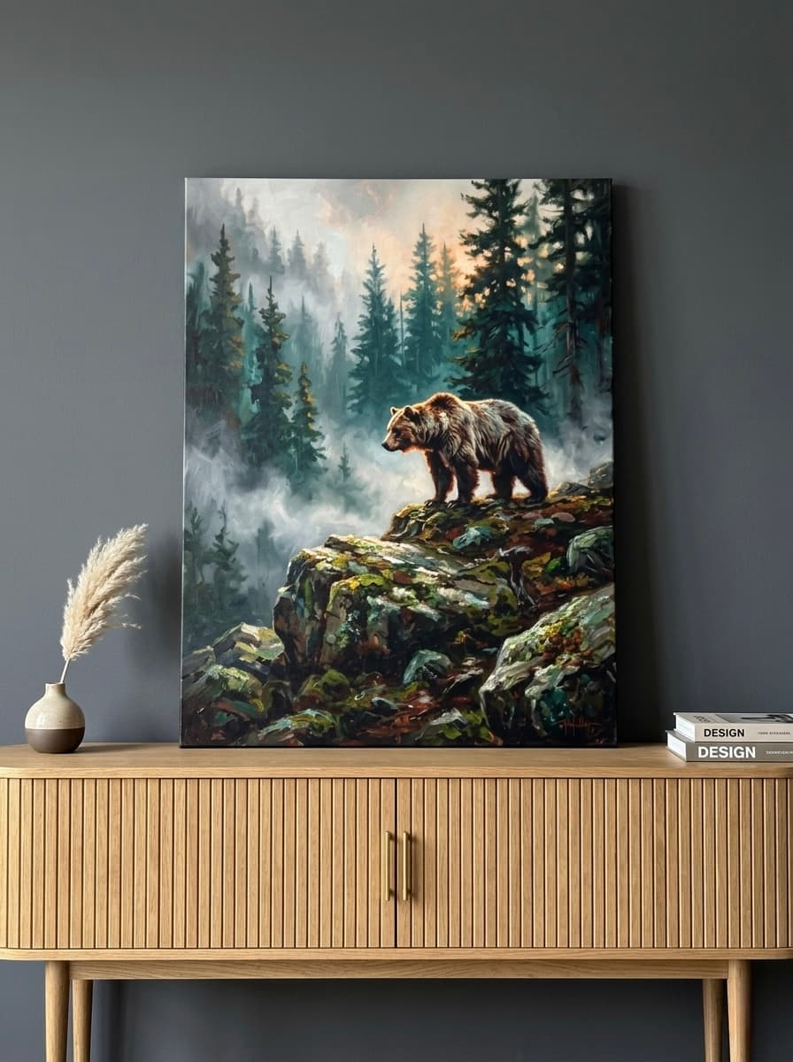 Bear Canvas Wall Art | Grizzly Bear Misty Forest Painting | Framed Canvas Print, Ready to Hang