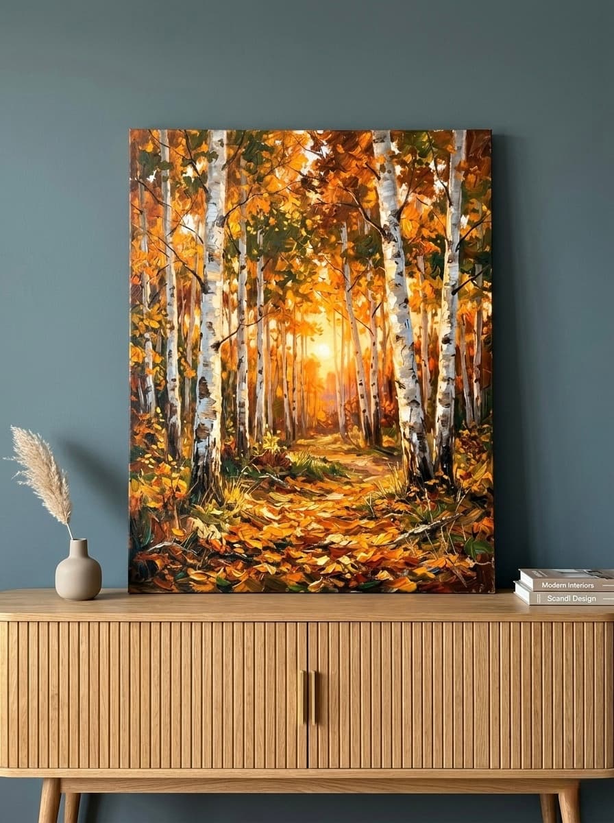 Birch Forest Canvas Wall Art | Autumn Trees Oil Painting | Framed Canvas Print, Ready to Hang