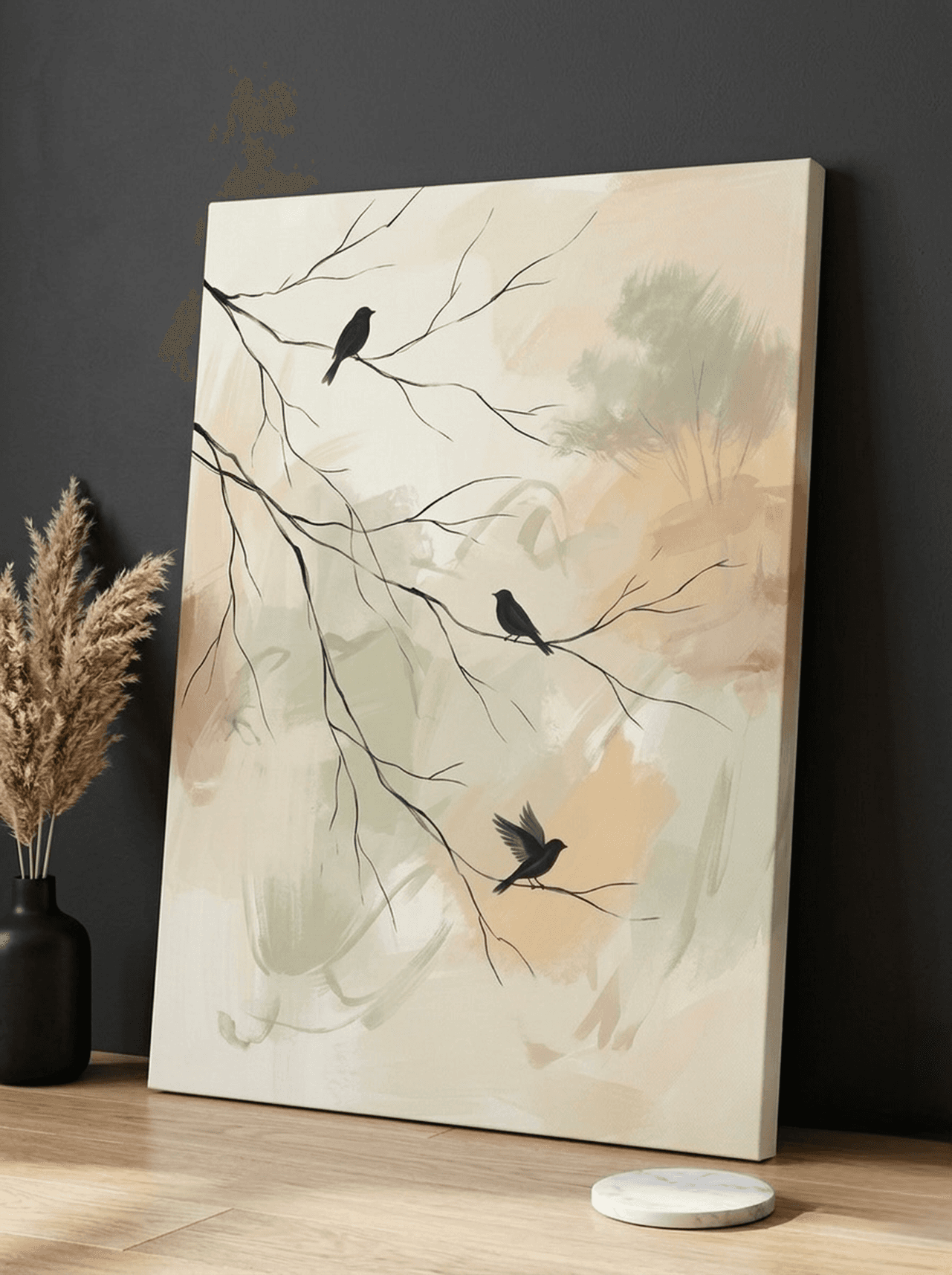 Birds on Branches Canvas Wall Art | Abstract Painterly Framed Print | Living Room Home Decor
