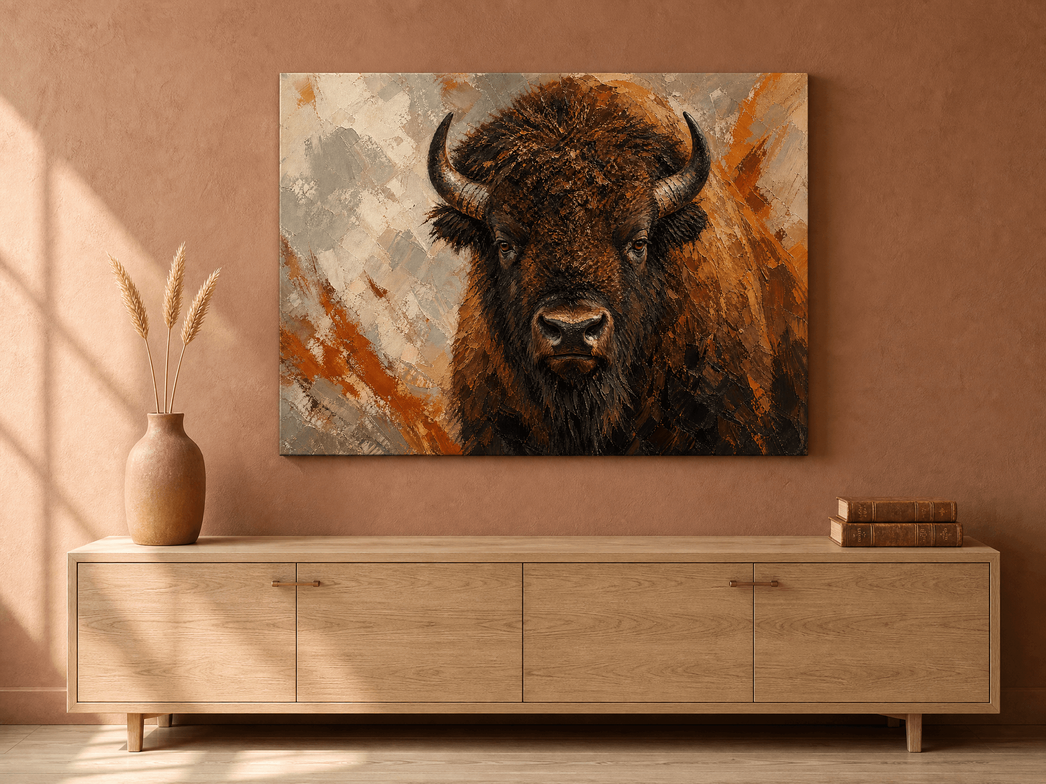 Bison Buffalo Impasto Canvas Wall Art | Modern Wildlife Print | Living Room Home Decor