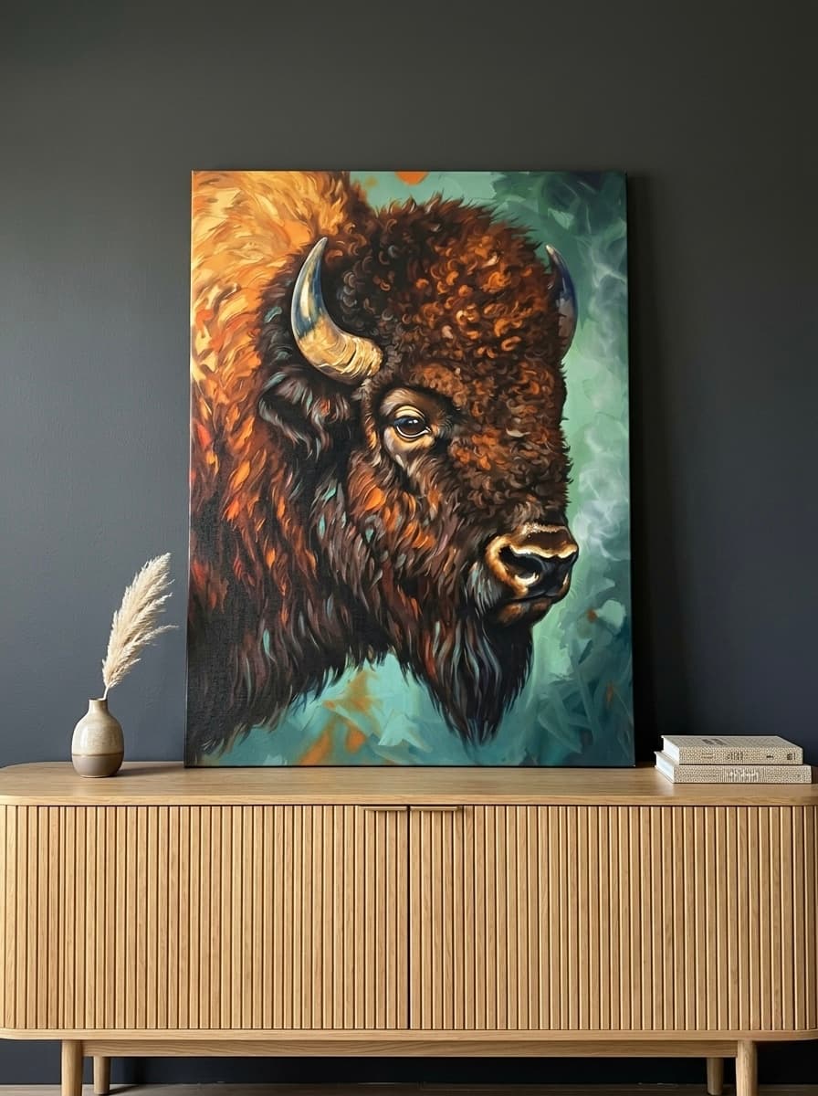 Bison Canvas Wall Art | Impasto Oil Painting Framed Print | Western Rustic Living Room Decor | Wildlife Art Gift