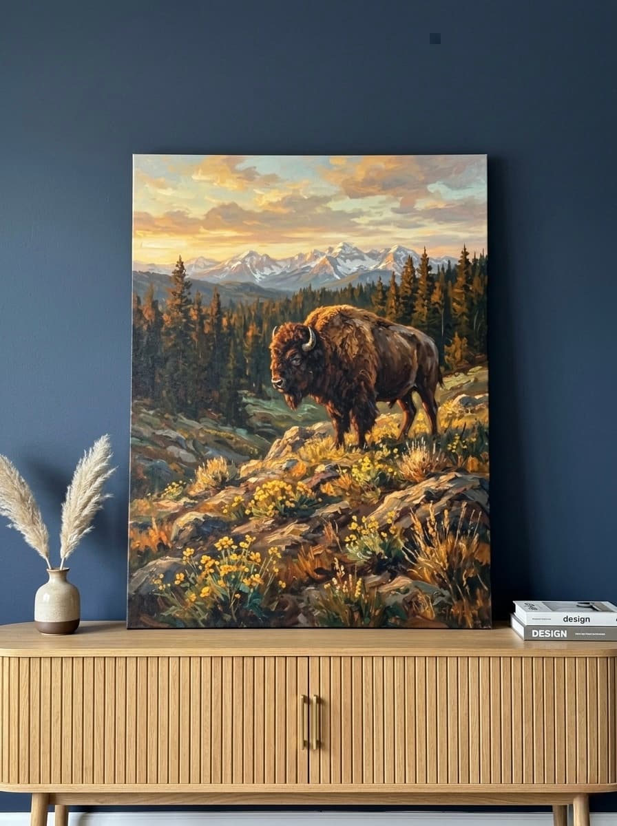 Bison Canvas Wall Art | American Buffalo Wildlife Oil Painting | Framed Canvas Print, Ready to Hang