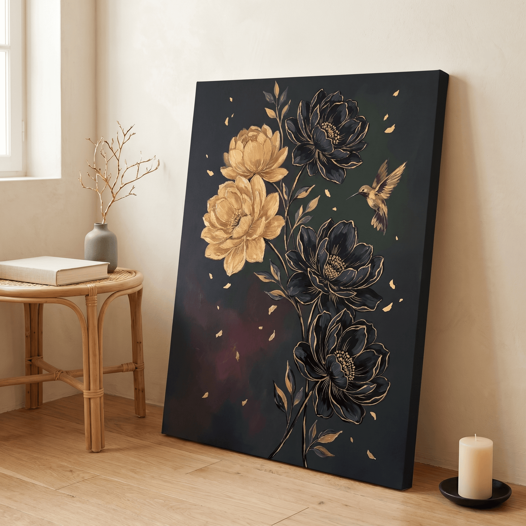 Black Gold Ornate Floral Canvas Wall Art | Modern Luxury Hummingbird Print | Bedroom Home Decor