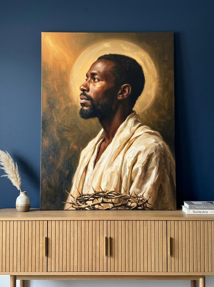 Black Jesus Portrait Canvas Wall Art | Afrocentric Oil Painting Christian Framed Print | Decor