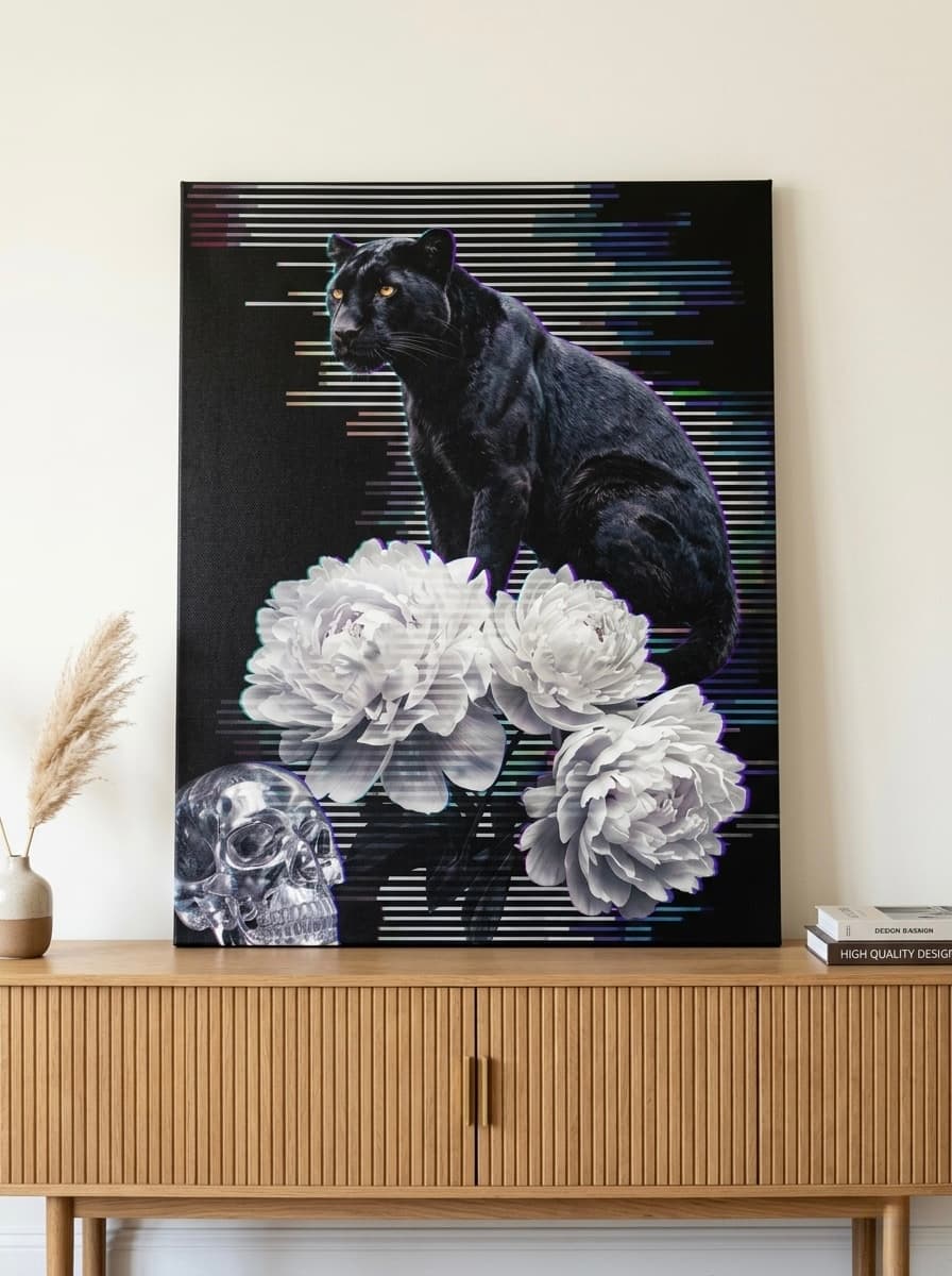 Black Panther Glitch Art Canvas Print | Gothic Vaporwave Wall Art | Dark Floral Framed Canvas | Cyan Moody Bedroom Decor