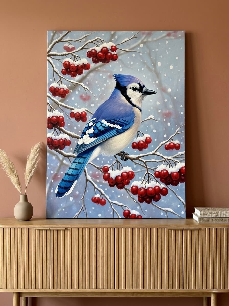 Blue Jay Canvas Wall Art | Winter Berry Oil Painting Framed Print | Living Room Nature Decor | Bird Art Gift