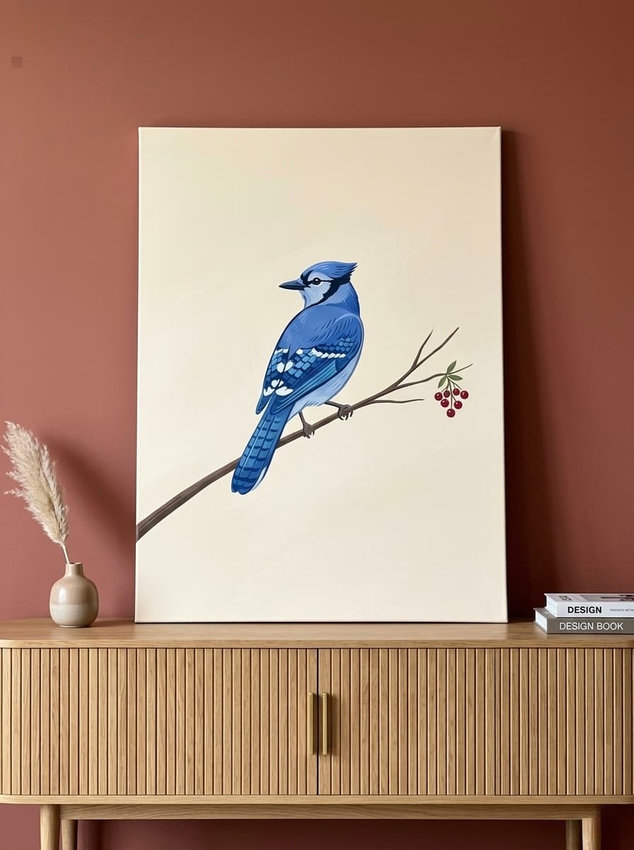 Blue Jay Canvas Wall Art | Minimalist Bird Painting | Framed Canvas Print, Ready to Hang