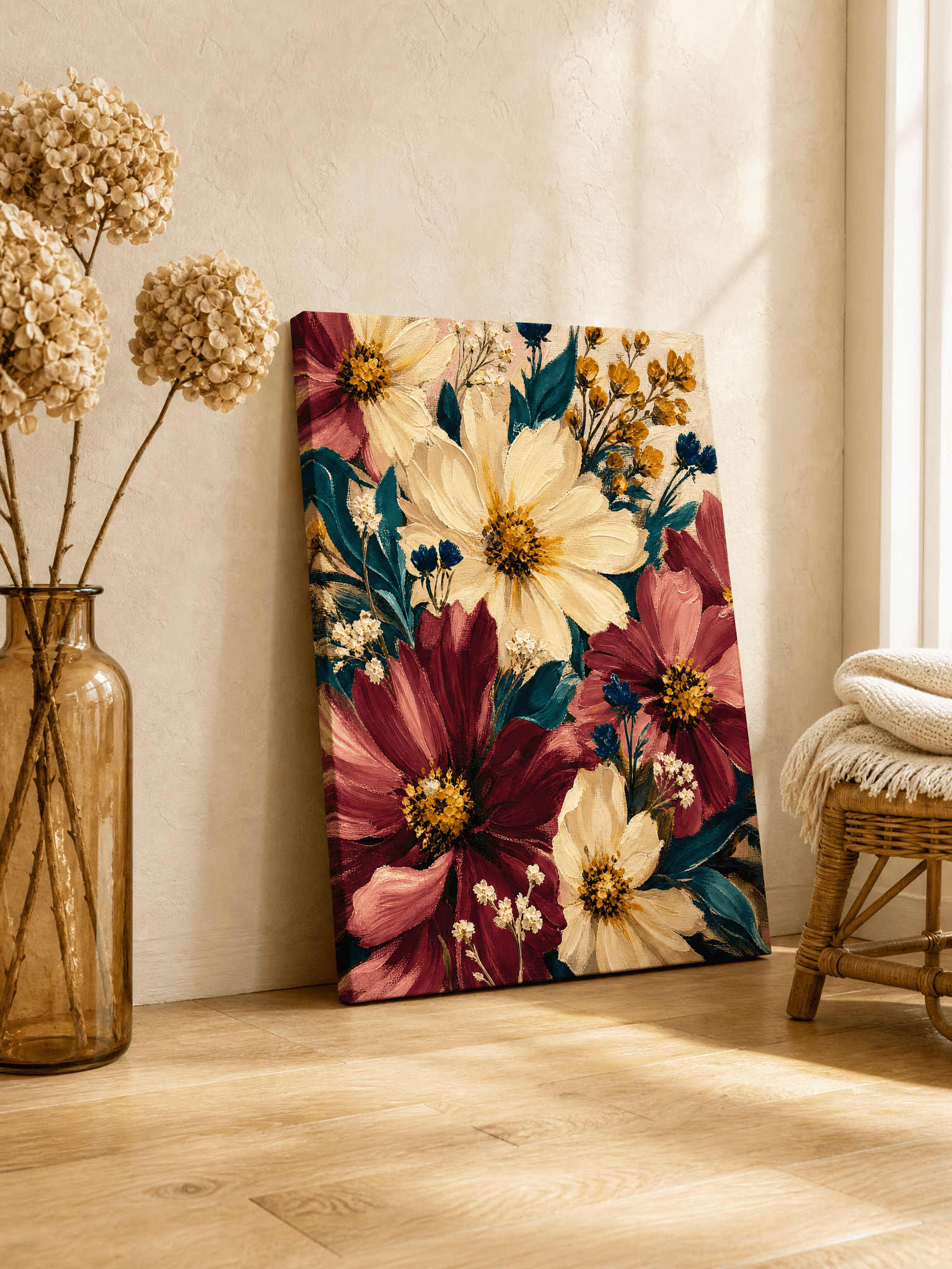 Bold Floral Close Up Canvas Wall Art | Burgundy Painterly Print | Living Room Home Decor