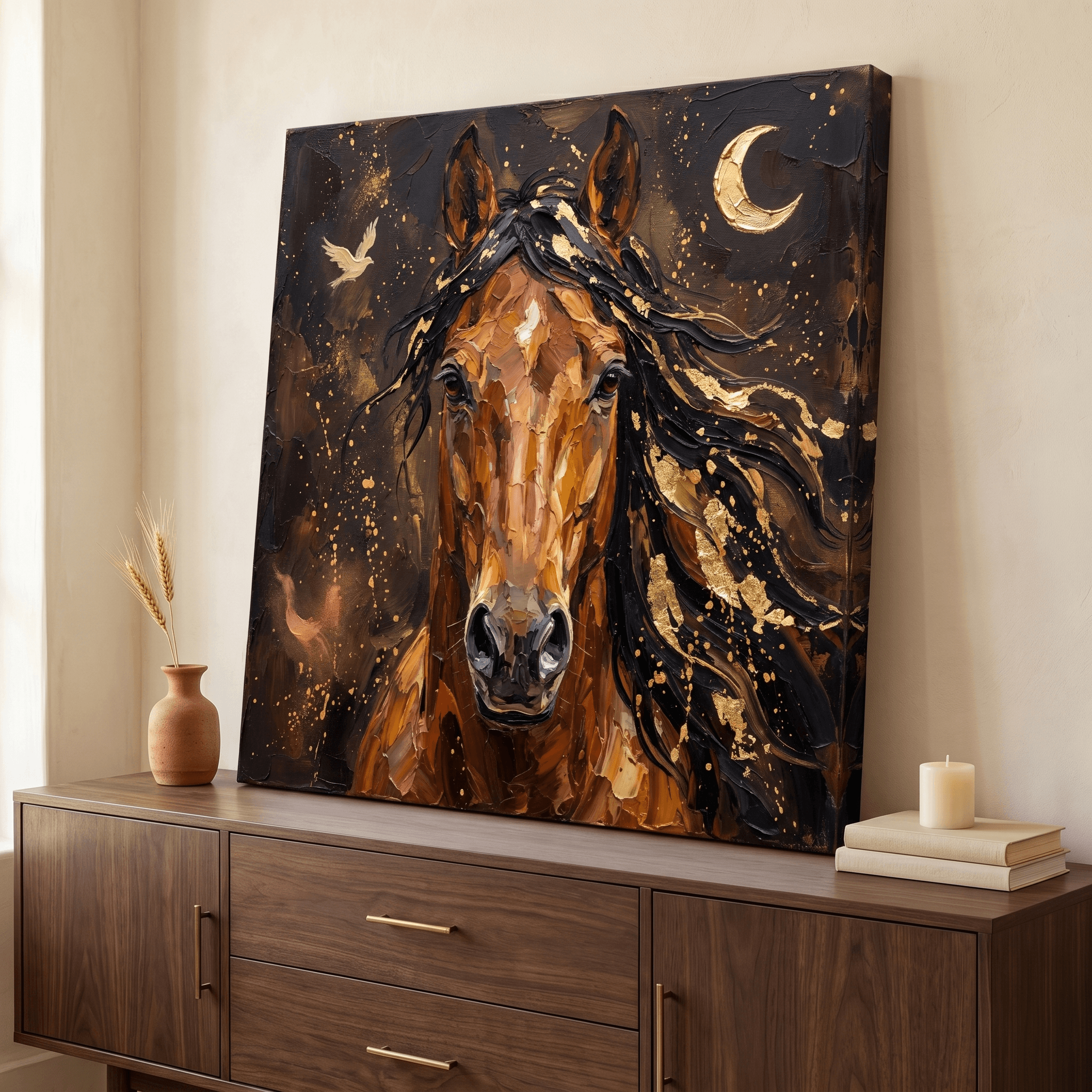 Bold Horse Portrait Gold Canvas Wall Art | Impasto Dark Drama Print | Living Room Home Decor