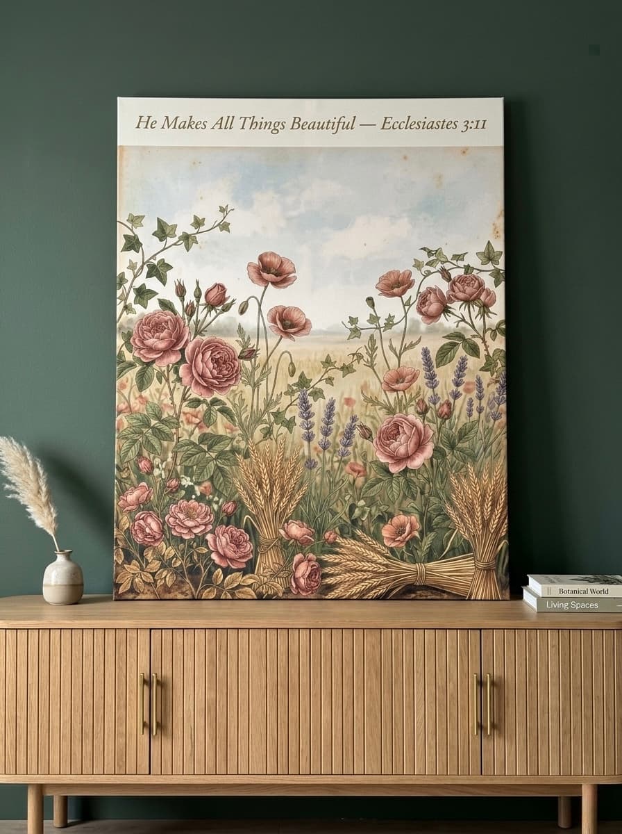 Botanical Scripture Canvas Wall Art | Vintage Ecclesiastes Wildflower Print | Faith Decor