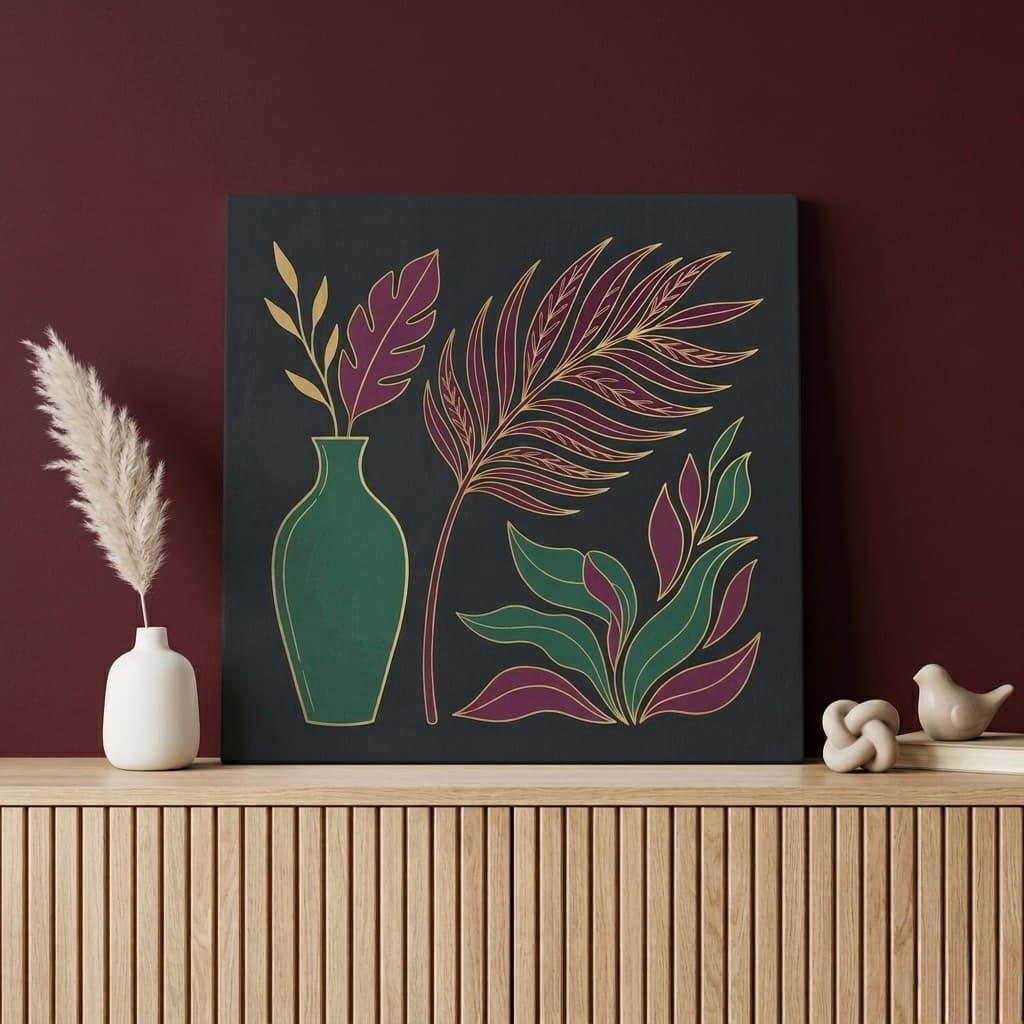 Tropical Botanical Vase Canvas Wall Art | Dark Art Deco Framed Print | Living Room Home Decor
