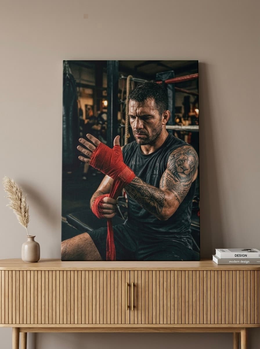 Boxer Wrapping Hands Canvas Wall Art | Moody Sports Photography Framed Print | Home Gym Office Decor