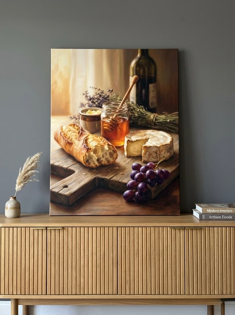 Bread and Cheese Still Life Canvas Wall Art | Tonal Oil Painting Kitchen Print | Italian Dining Decor