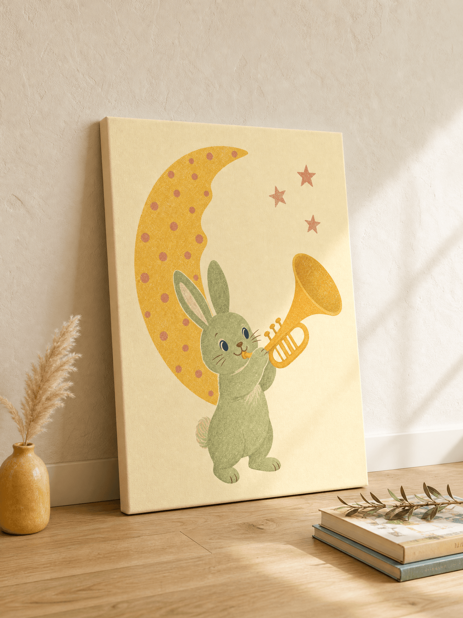 Bunny With Trumpet Canvas Wall Art | Retro Nursery Print | Kids Room Home Decor