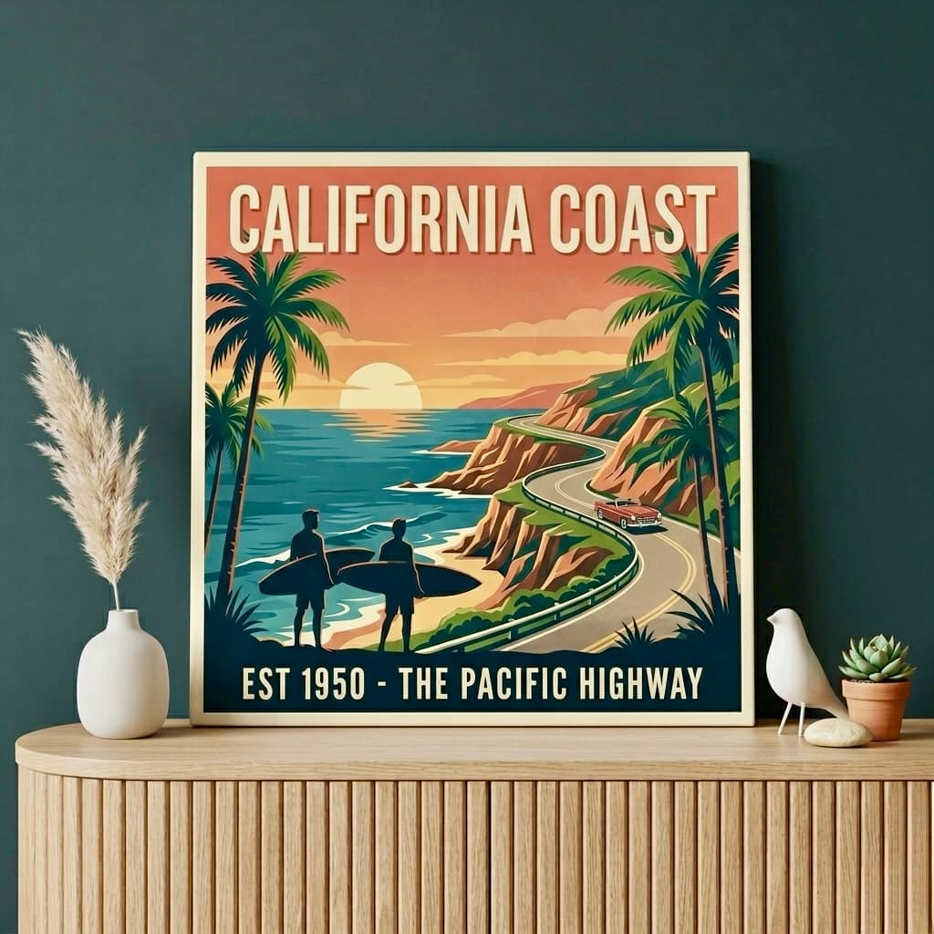 California Coast Canvas Wall Art | Vintage Travel Poster Framed Print | Living Room Home Decor