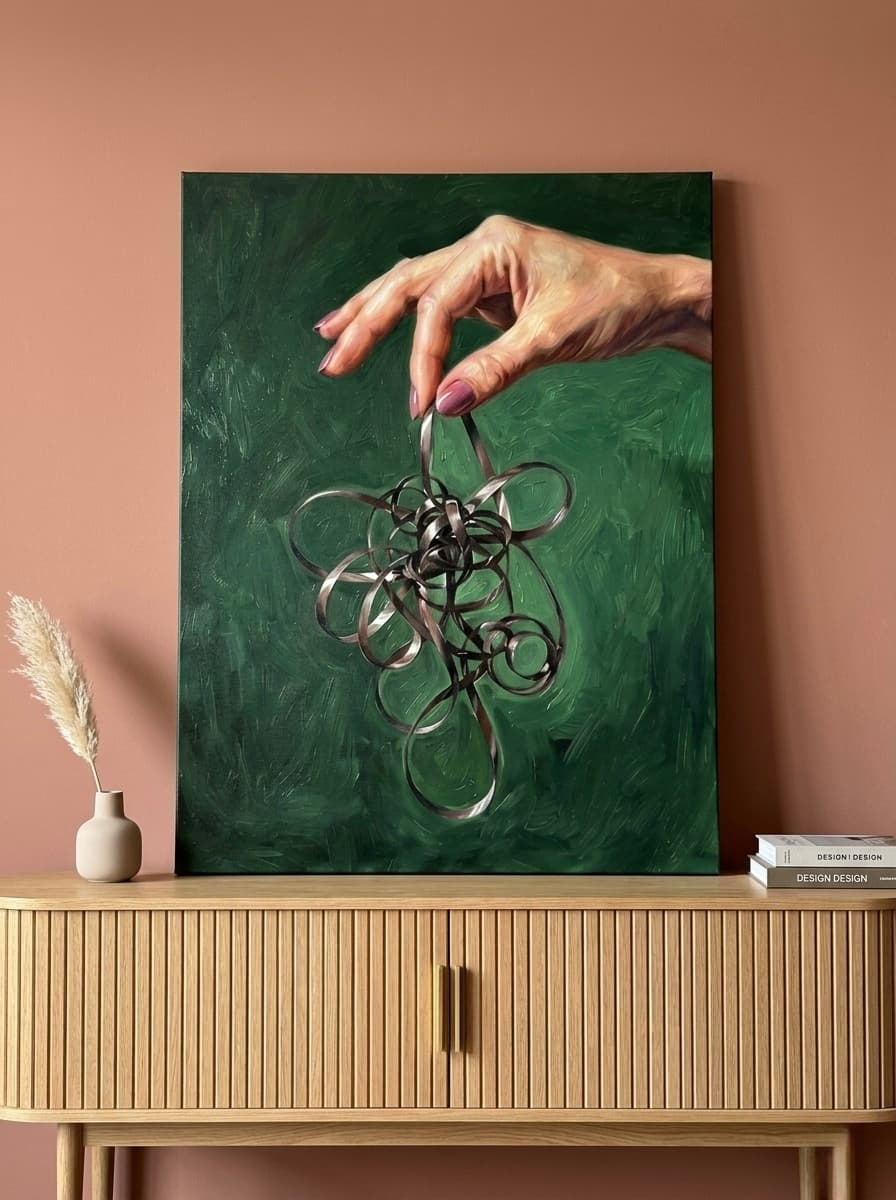 Cassette Tape Hand Oil Painting Canvas | Y2K Nostalgia Wall Art | Forest Green Framed Canvas | Retro Music Art Print