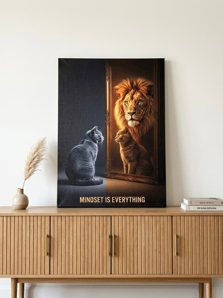Cat Lion Mirror Wall Art Canvas | Motivational Duality Framed Print | Home Office Decor