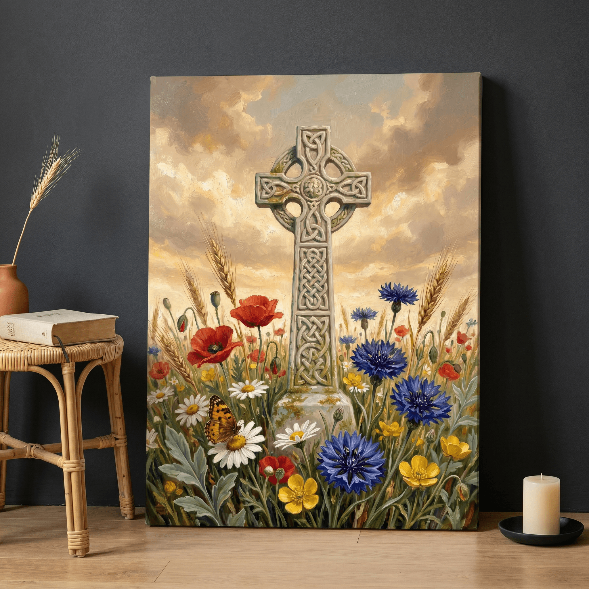 Celtic Stone Cross Wildflower Canvas Wall Art | Hyperreal Christian Oil Print | Home Decor