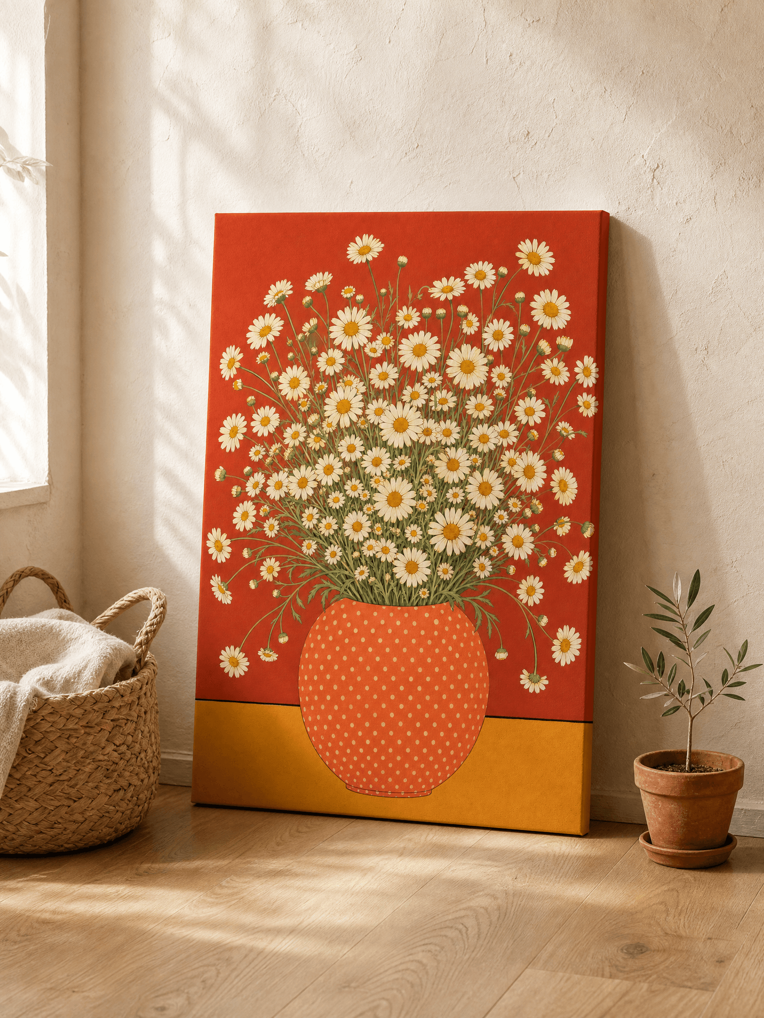 Chamomile Daisy Coral Vase Canvas Wall Art | Graphic Floral Print | Kitchen Home Decor