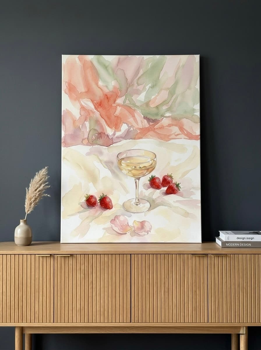 Champagne Strawberry Canvas Wall Art | Watercolor Bedroom Romantic Print | Blush Decor Gift
