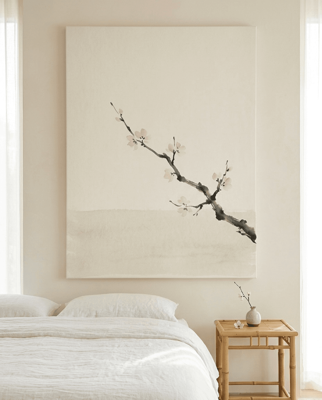 Cherry Blossom Canvas Wall Art | Ink Wash Framed Print | Living Room Home Decor