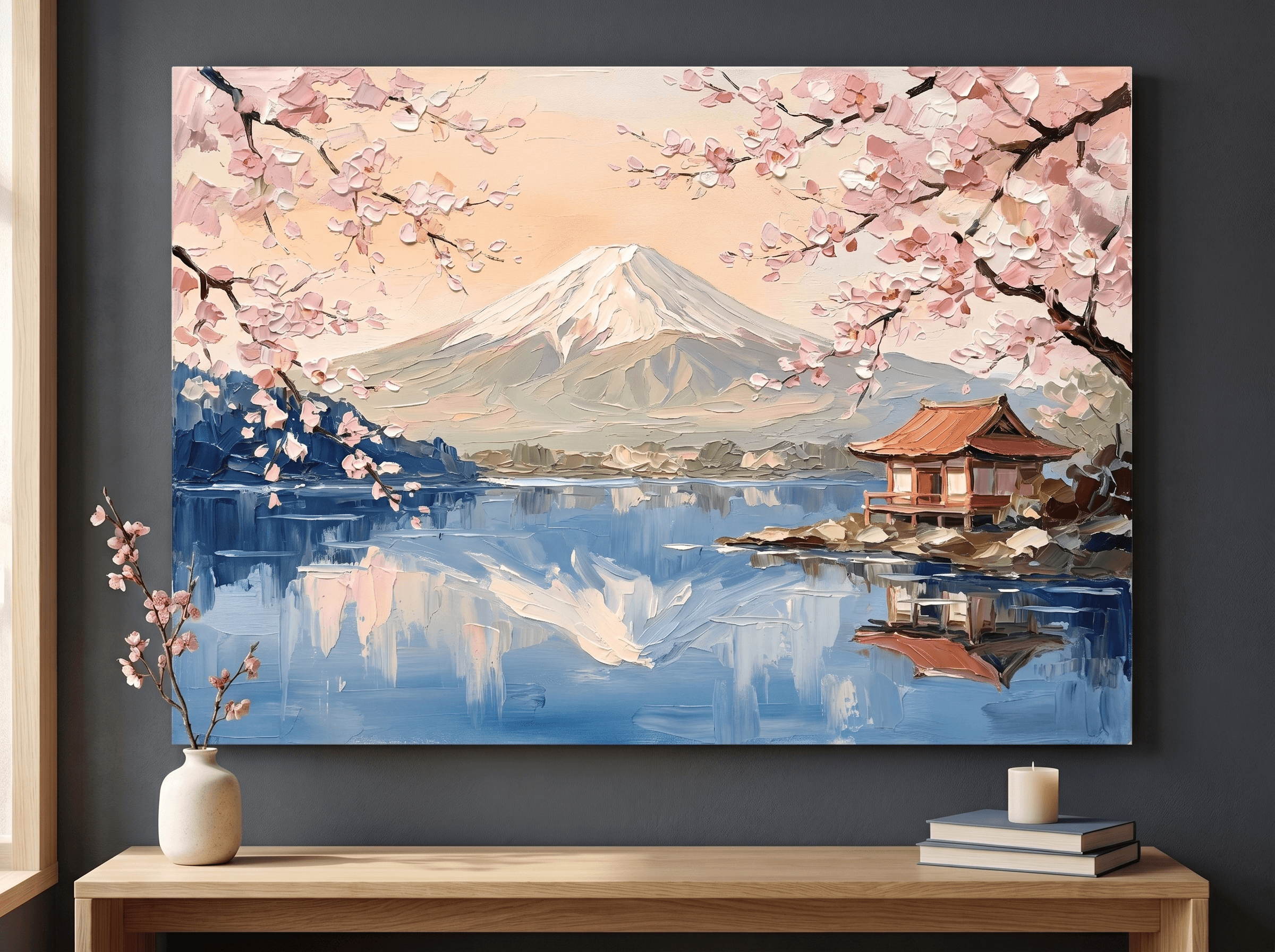 Cherry Blossom Mountain Lake Canvas Wall Art | Impasto Pink Sunrise Print | Living Room Home Decor