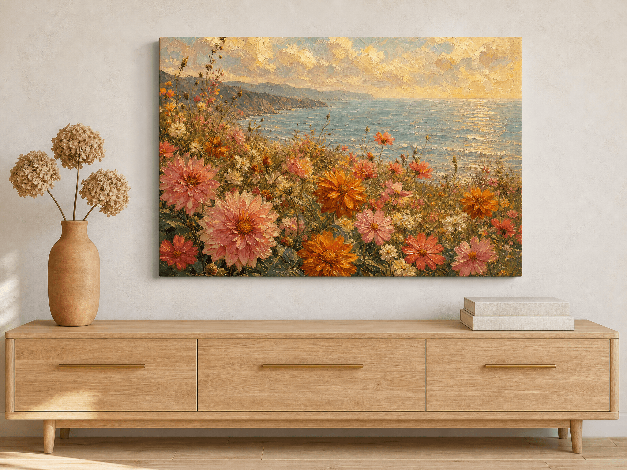 Coastal Pink Dahlia Wildflowers Canvas Wall Art | Impressionist Seaside Print | Living Room Home Decor