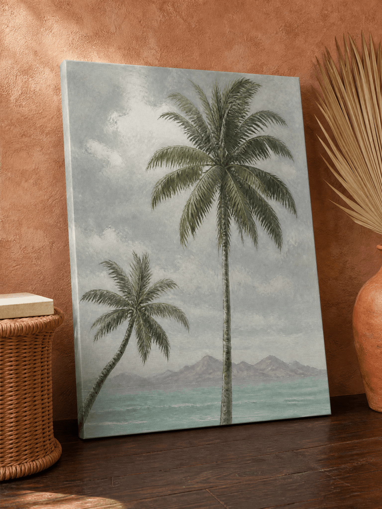 Coastal Sage Palm Tree Canvas Wall Art | Vintage Muted Tropical Print | Living Room Home Decor