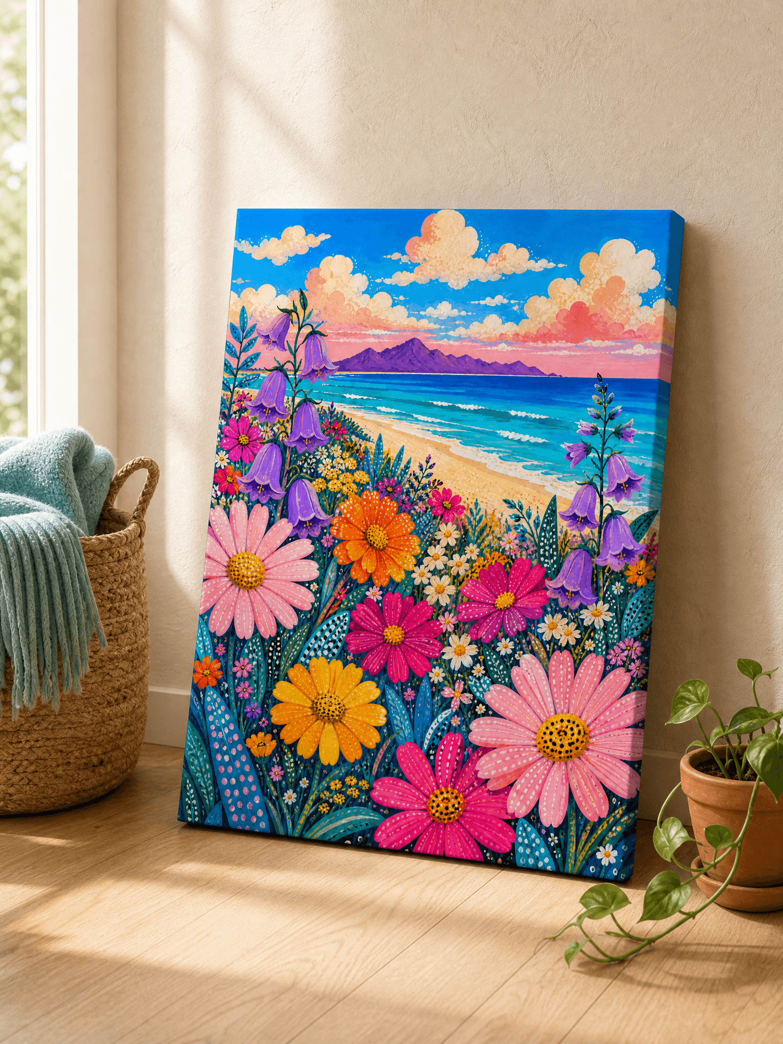 Coastal Wildflower Pop Art Canvas Wall Art | Vibrant Tropical Print | Living Room Home Decor