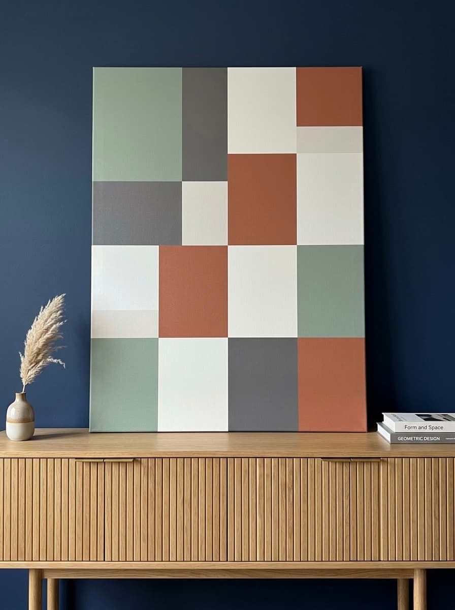 Color Block Grid Abstract Canvas Wall Art | Geometric Pattern Framed Print | Living Room Home Decor