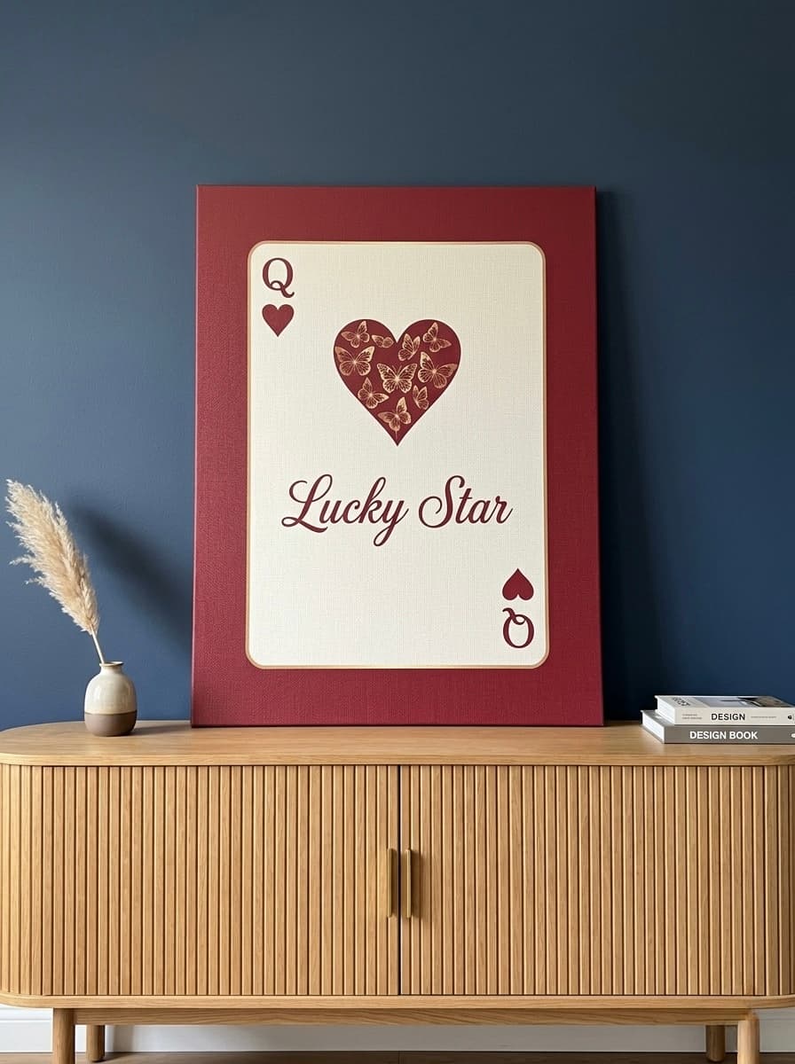 Coquette Lucky Star Playing Card Canvas Print | Burgundy Gold Butterfly Art | Feminine Bedroom Wall Decor